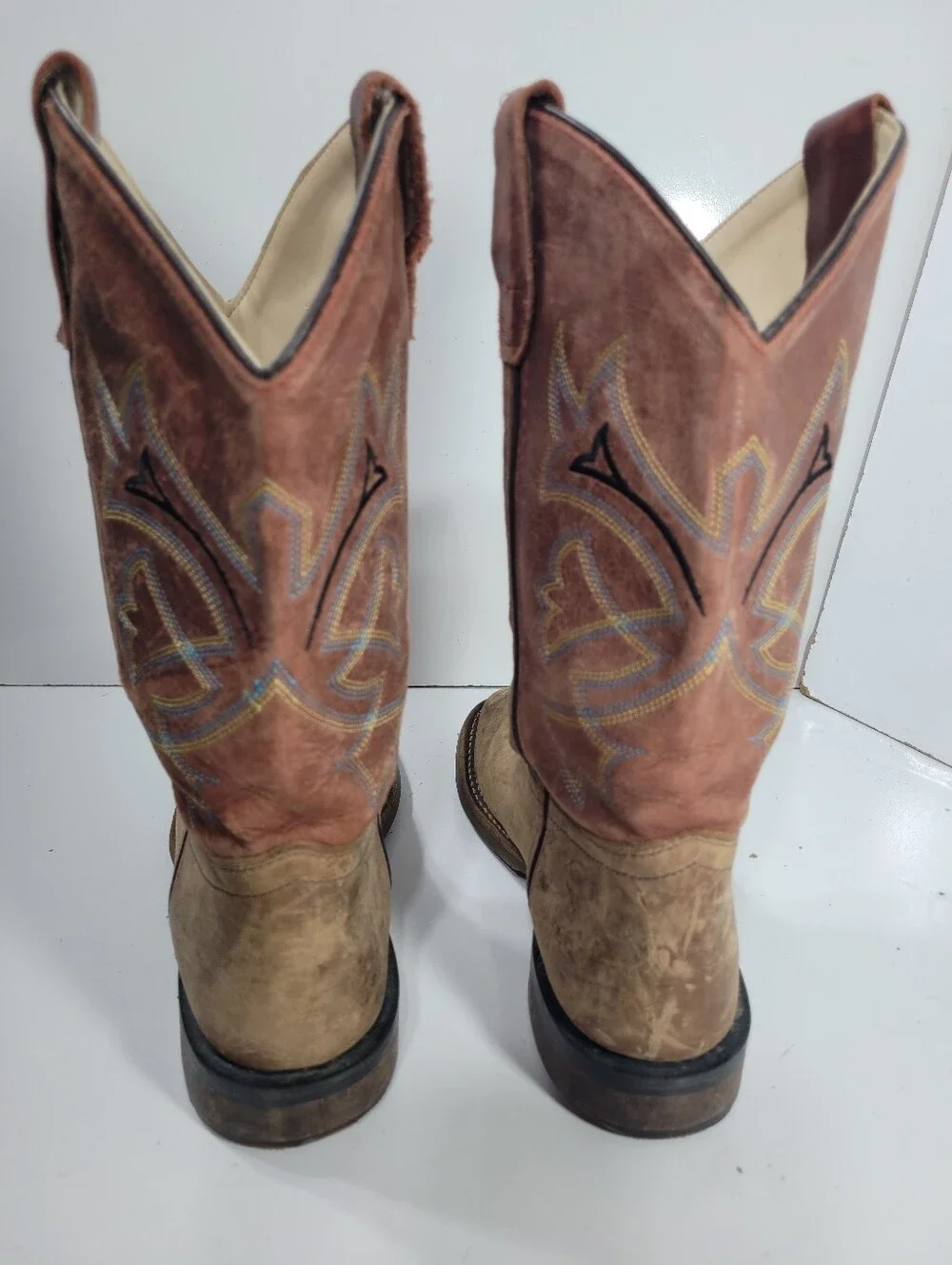 Old West BSY1912 Kids Cowboy Boots Broad Square Toe Tan Leather Youth Size 5 D